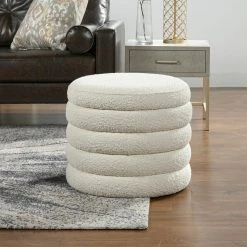 Fuji Ivory White Boucle Round Storage Ottoman by Jennifer Taylor -Jennifer Taylor Home Store ivory white boucle jennifer taylor ottomans 84410 mbw 1d 1000