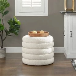 Fuji Ivory White Boucle Round Storage Ottoman by Jennifer Taylor -Jennifer Taylor Home Store ivory white boucle jennifer taylor ottomans 84410 mbw 31 1000