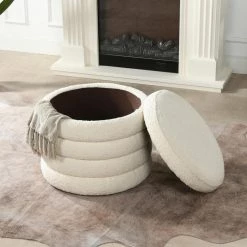 Fuji Ivory White Boucle Round Storage Ottoman by Jennifer Taylor -Jennifer Taylor Home Store ivory white boucle jennifer taylor ottomans 84410 mbw 40 1000