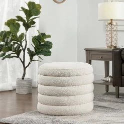 Fuji Ivory White Boucle Round Storage Ottoman by Jennifer Taylor