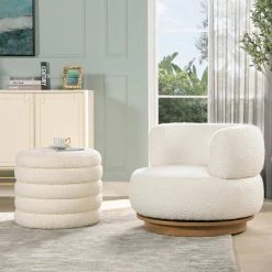 Fuji Ivory White Boucle Round Storage Ottoman by Jennifer Taylor -Jennifer Taylor Home Store ivory white boucle jennifer taylor ottomans 84410 mbw a0 1000
