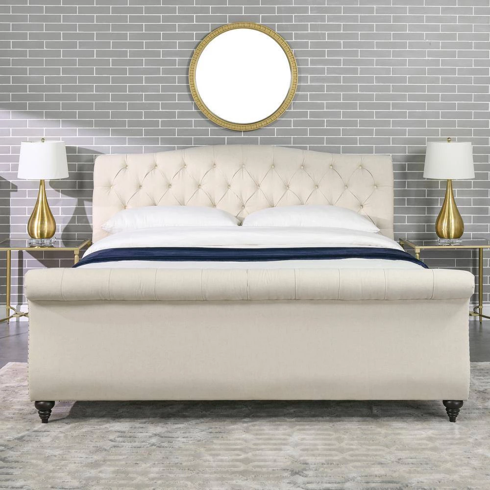 Nautlius King Bed Frame with Headboard and Footboard, Light Beige Linen by Jennifer Taylor 11 Nautlius King Bed Frame with Headboard and Footboard, Light Beige Linen by Jennifer Taylor - Image 11