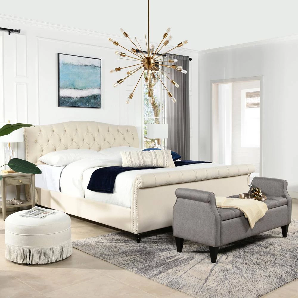 Nautlius King Bed Frame with Headboard and Footboard, Light Beige Linen by Jennifer Taylor 3 Nautlius King Bed Frame with Headboard and Footboard, Light Beige Linen by Jennifer Taylor - Image 3