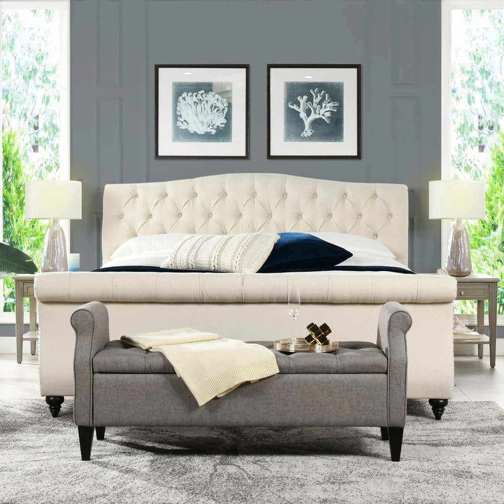 Nautlius King Bed Frame with Headboard and Footboard, Light Beige Linen by Jennifer Taylor 2 Nautlius King Bed Frame with Headboard and Footboard, Light Beige Linen by Jennifer Taylor - Image 2