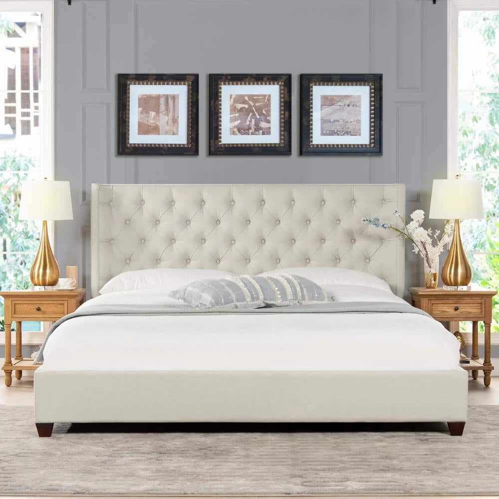 Manhattan Shelter King Platform Bed Frame, Light Beige Linen by Jennifer Taylor 11 Manhattan Shelter King Platform Bed Frame, Light Beige Linen by Jennifer Taylor - Image 11