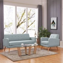 Kingston Mid Century Modern Sofa and Arm Chair Set in Light Blue Textured Linen by Handy Living -Jennifer Taylor Home Store light blue handy living living room sets kst 255 sln52n 31 1000