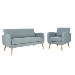 Kingston Mid Century Modern Sofa and Arm Chair Set in Light Blue Textured Linen by Handy Living