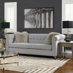 Shiloh 84 in. Wide Rolled Arm Polyester Farmhouse Chesterfield Straight Sofa in Light Gray by Jennifer Taylor
