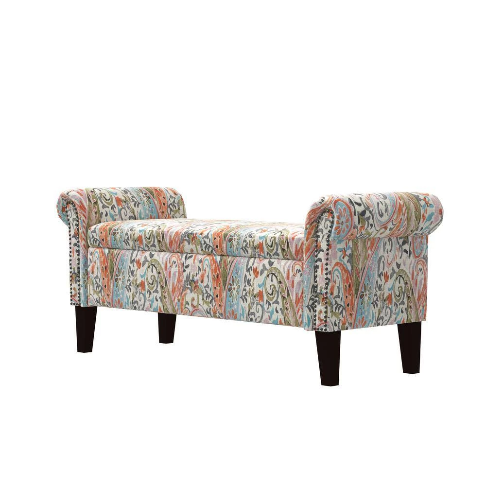 Mango Orange Multi Paisley Rolled Arm Bench Storage Ottoman by Handy Living 3 Mango Orange Multi Paisley Rolled Arm Bench Storage Ottoman by Handy Living - Image 3