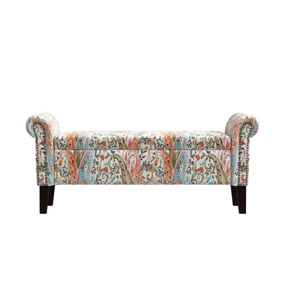 Mango Orange Multi Paisley Rolled Arm Bench Storage Ottoman by Handy Living 8 Mango Orange Multi Paisley Rolled Arm Bench Storage Ottoman by Handy Living - Image 8