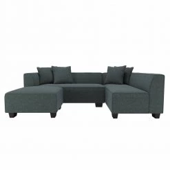 Yara 3-Piece Medium Blue Herringbone Fabric 4-Seater L-Shaped Right-Facing Sectional Sofa with Ottoman by Handy Living