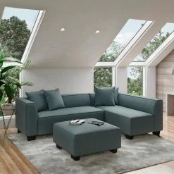 Yara 3-Piece Medium Blue Herringbone Fabric 4-Seater L-Shaped Right-Facing Sectional Sofa with Ottoman by Handy Living -Jennifer Taylor Home Store medium blue herringbone handy living sectional sofas a152815 c3 1000