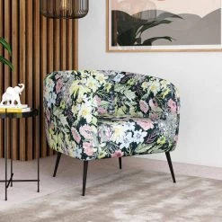 Genoa in Modern Multi Floral on Black Background Button-Tufted Barrel Chair by Handy Living -Jennifer Taylor Home Store multi colored floral on a black background handy living accent chairs a162975 31 1000