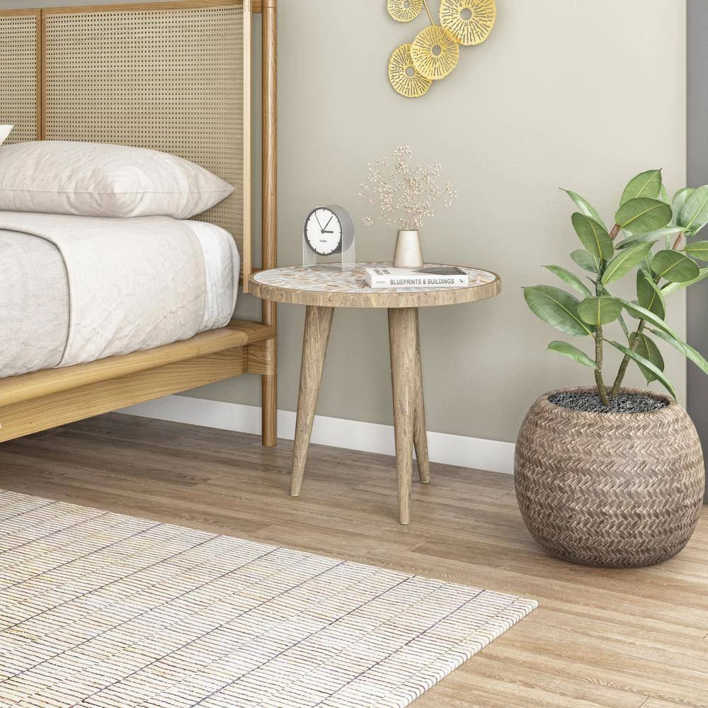 Icaria 17.75 in. W Natural Hand Painted Boho-Inspired Stylized Leaves 19.75 in. H Round Wood End Table by Handy Living 11 Icaria 17.75 in. W Natural Hand Painted Boho-Inspired Stylized Leaves 19.75 in. H Round Wood End Table by Handy Living - Image 11