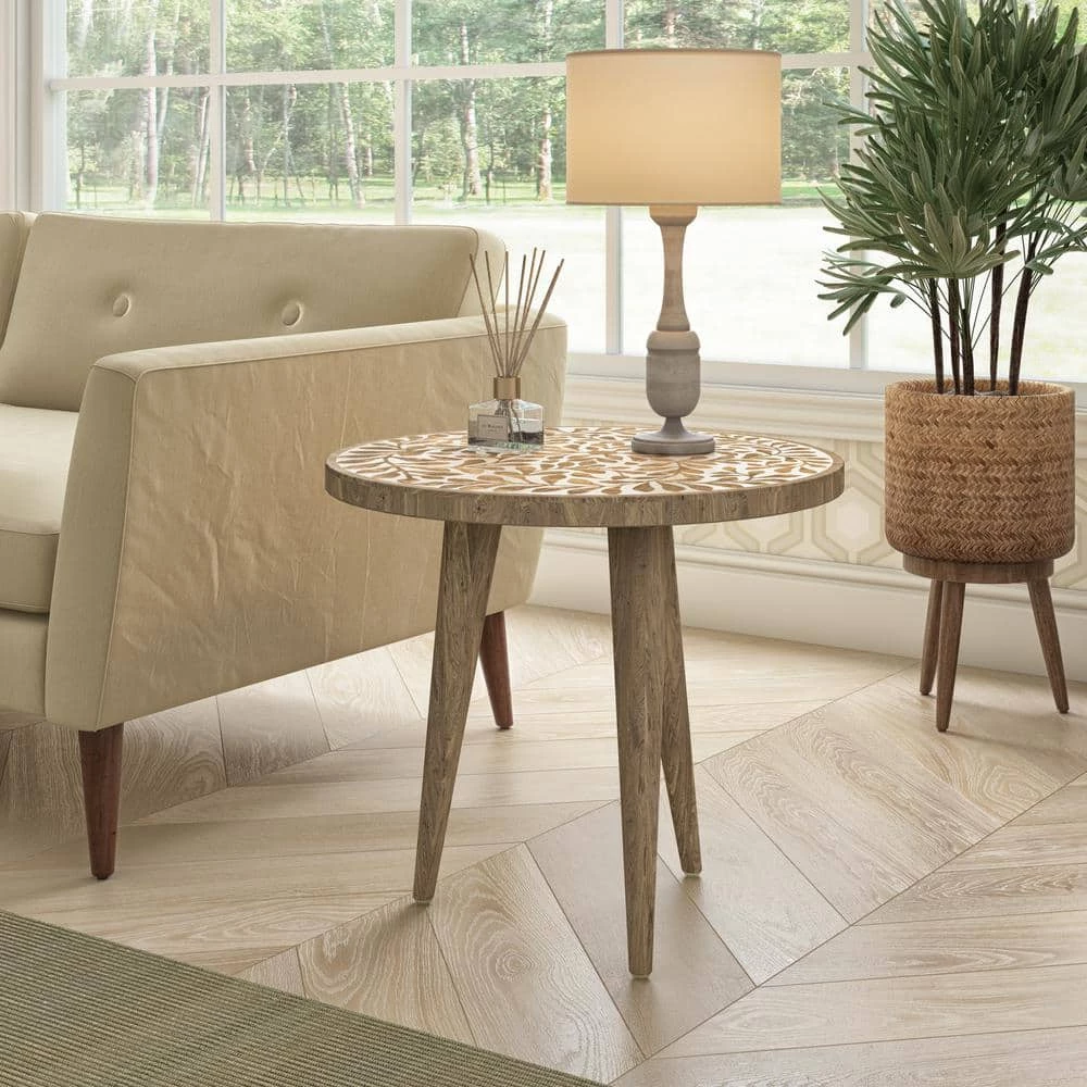 Icaria 17.75 in. W Natural Hand Painted Boho-Inspired Stylized Leaves 19.75 in. H Round Wood End Table by Handy Living 5 Icaria 17.75 in. W Natural Hand Painted Boho-Inspired Stylized Leaves 19.75 in. H Round Wood End Table by Handy Living - Image 5