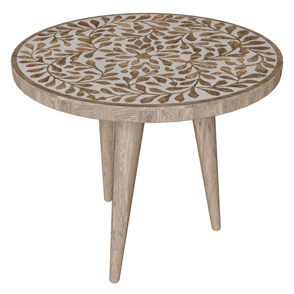Icaria 17.75 in. W Natural Hand Painted Boho-Inspired Stylized Leaves 19.75 in. H Round Wood End Table by Handy Living 2 Icaria 17.75 in. W Natural Hand Painted Boho-Inspired Stylized Leaves 19.75 in. H Round Wood End Table by Handy Living - Image 2