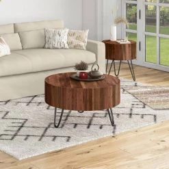 Noleta 32 in. W Natural 18 in. H Round Old Reclaimed Wood Cocktail Table with Black Iron Hairpin Legs by Handy Living -Jennifer Taylor Home Store natural handy living coffee tables a186568 31 1000