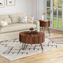Noleta 32 in. W Natural 18 in. H Round Old Reclaimed Wood Cocktail Table with Black Iron Hairpin Legs by Handy Living -Jennifer Taylor Home Store natural handy living coffee tables a186568 4f 1000