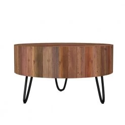 Noleta 32 in. W Natural 18 in. H Round Old Reclaimed Wood Cocktail Table with Black Iron Hairpin Legs by Handy Living