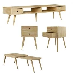 Freemont 4-piece Natural Solid Wood Table Set with Nesting Cocktail Table, 2-End Tables with Drawers and TV Stand by Handy Living