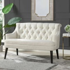 Stella 53.5 in. Natural White Tufted Settee Nailhead Accent Trim by Jennifer Taylor -Jennifer Taylor Home Store natural white linen jennifer taylor loveseats 61120 mlw 31 1000