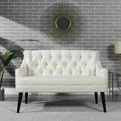 Stella 53.5 in. Natural White Tufted Settee Nailhead Accent Trim by Jennifer Taylor