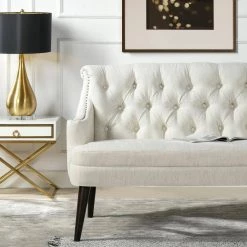 Stella 53.5 in. Natural White Tufted Settee Nailhead Accent Trim by Jennifer Taylor -Jennifer Taylor Home Store natural white linen jennifer taylor loveseats 61120 mlw 77 1000