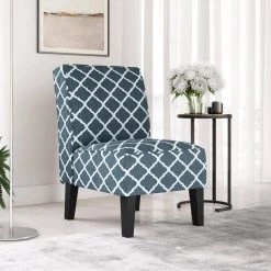 Habe Navy Blue and Creamy White Trellis Fabric Slipper Chair by Handy Living -Jennifer Taylor Home Store navy blue and creamy white trellis handy living accent chairs a185436 31 1000