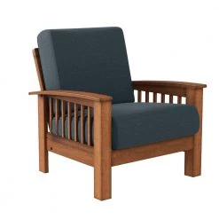 Buena Vista Navy Blue Linen-Like Fabric Mission Style Arm Chair with Exposed Wood Frame in Cherry by Handy Living