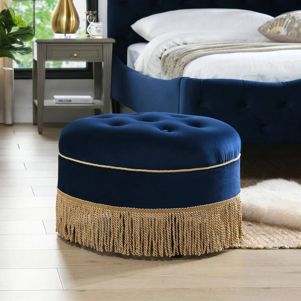 Yolanda Navy Blue Velvet Round Accent Ottoman with Gold Trim by Jennifer Taylor 8 Yolanda Navy Blue Velvet Round Accent Ottoman with Gold Trim by Jennifer Taylor - Image 8