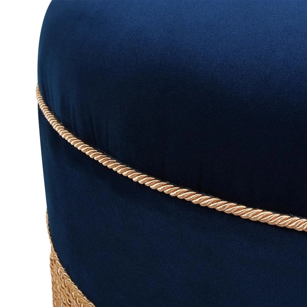 Yolanda Navy Blue Velvet Round Accent Ottoman with Gold Trim by Jennifer Taylor 5 Yolanda Navy Blue Velvet Round Accent Ottoman with Gold Trim by Jennifer Taylor - Image 5