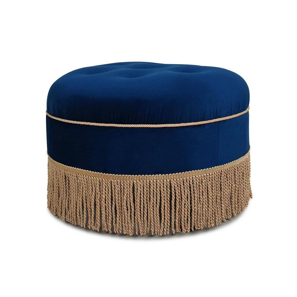 Yolanda Navy Blue Velvet Round Accent Ottoman with Gold Trim by Jennifer Taylor 2 Yolanda Navy Blue Velvet Round Accent Ottoman with Gold Trim by Jennifer Taylor - Image 2