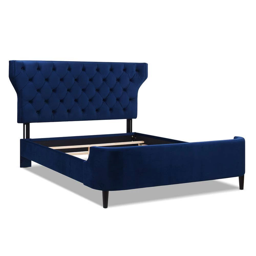 Robyn Navy Blue Velvet Queen Tufted Curved Back Headboard Panel Bed Set by Jennifer Taylor 4 Robyn Navy Blue Velvet Queen Tufted Curved Back Headboard Panel Bed Set by Jennifer Taylor - Image 4