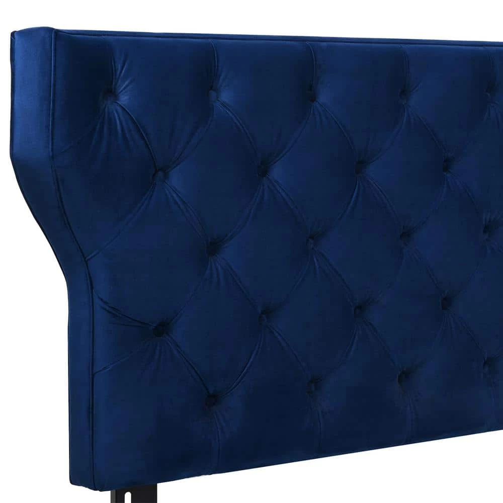 Robyn Navy Blue Velvet Queen Tufted Curved Back Headboard Panel Bed Set by Jennifer Taylor 7 Robyn Navy Blue Velvet Queen Tufted Curved Back Headboard Panel Bed Set by Jennifer Taylor - Image 7