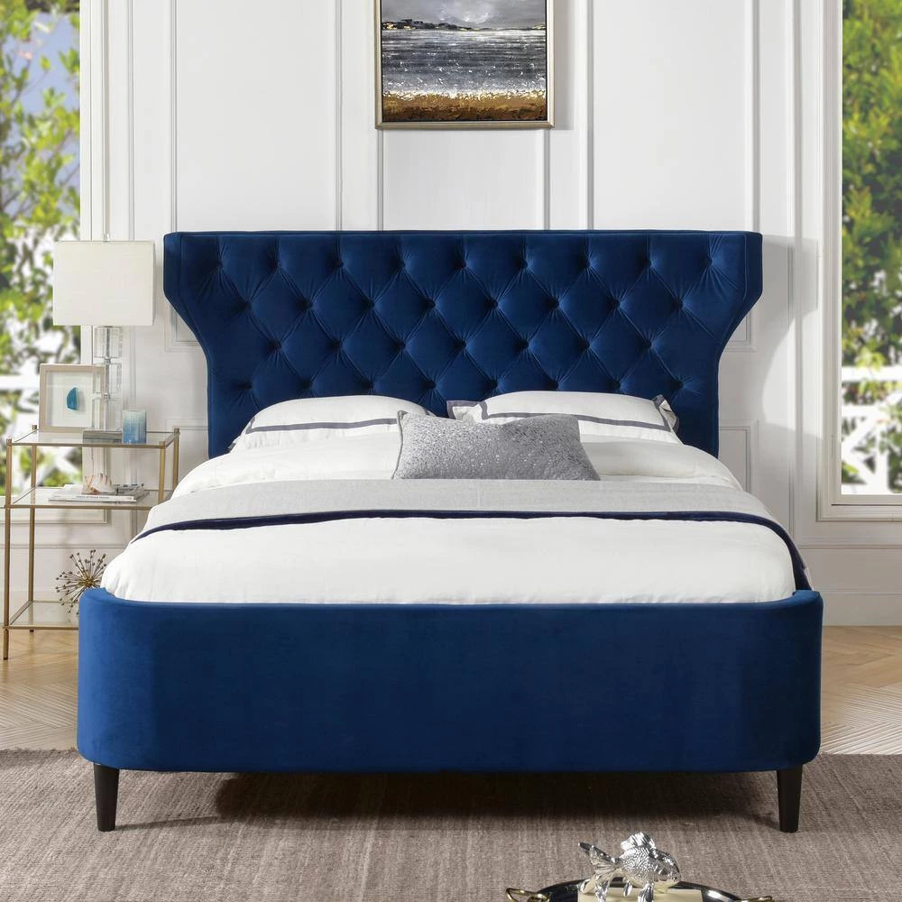 Robyn Navy Blue Velvet Queen Tufted Curved Back Headboard Panel Bed Set by Jennifer Taylor 10 Robyn Navy Blue Velvet Queen Tufted Curved Back Headboard Panel Bed Set by Jennifer Taylor - Image 10