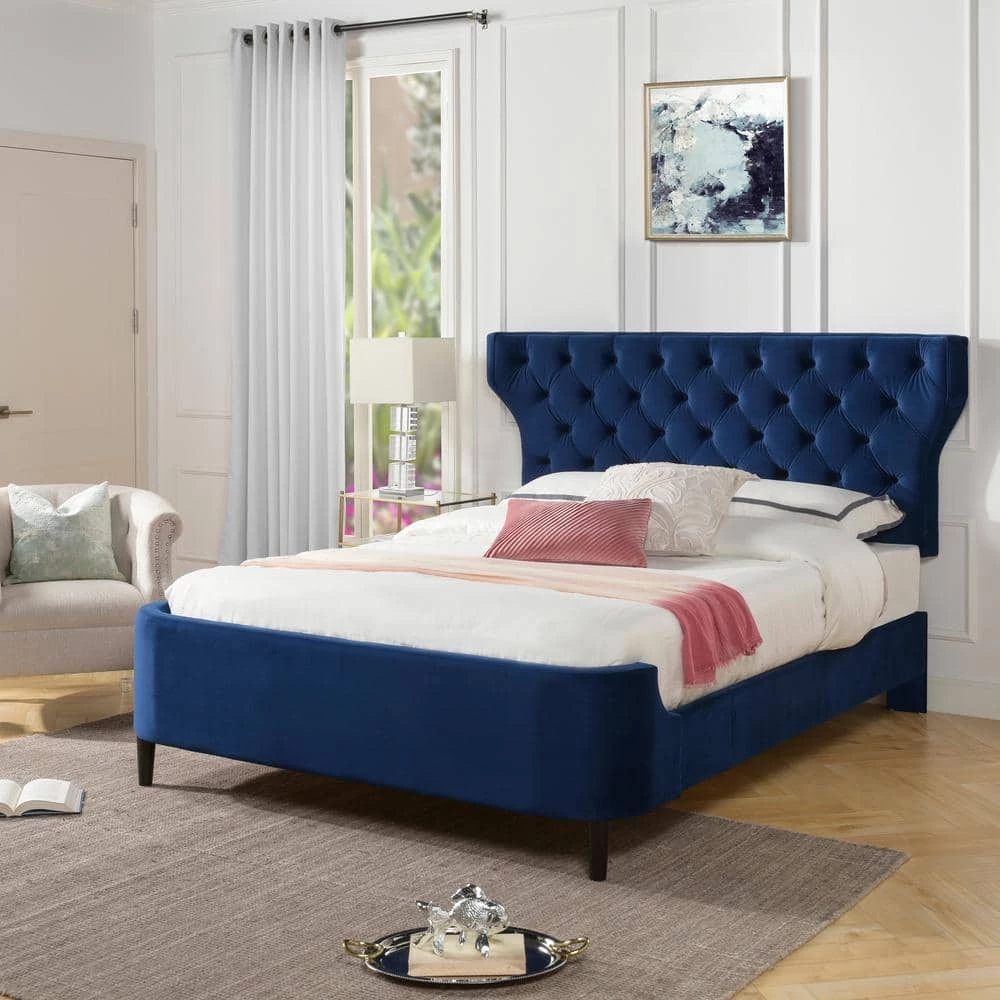 Robyn Navy Blue Velvet Queen Tufted Curved Back Headboard Panel Bed Set by Jennifer Taylor 1 Robyn Navy Blue Velvet Queen Tufted Curved Back Headboard Panel Bed Set by Jennifer Taylor