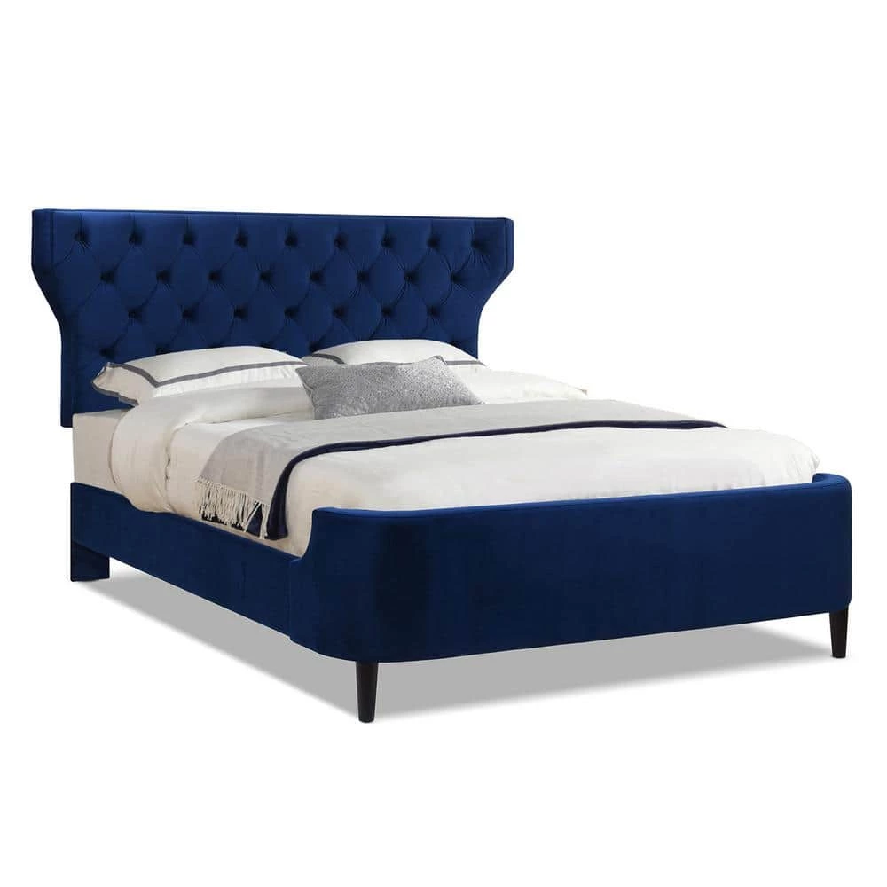 Robyn Navy Blue Velvet Queen Tufted Curved Back Headboard Panel Bed Set by Jennifer Taylor 2 Robyn Navy Blue Velvet Queen Tufted Curved Back Headboard Panel Bed Set by Jennifer Taylor - Image 2