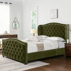 Marcella Upholstered Shelter Headboard Bed Set, King, Olive Green Performance Velvet by Jennifer Taylor -Jennifer Taylor Home Store olive green performance velvet jennifer taylor panel beds 52130 4 v036 2 31 1000