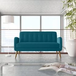 Werner 65.5 in. Peacock Blue Linen-Like Fabric with Natural Legs 2-Seat Mid Century Modern Sofa by Handy Living -Jennifer Taylor Home Store peacock blue linen like fabric with natural legs handy living sofas couches a177450 c3 1000