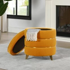 Midas 16 in. Rich Yellow Performance Velvet Round Accent Storage Ottoman by Jennifer Taylor