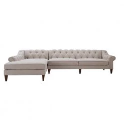 Alexandra Bone White Yarndye Button-Tufted Linen L-Shaped Left-Facing Chaise Chesterfield Sectional Sofa by Jennifer Taylor