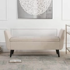 Duff Mid-Century Modern Upholstered Sky Neutral Beige Entryway Storage Bench by Jennifer Taylor