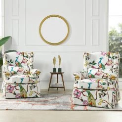 Indie 33 in. Slipcovered Wingback Skirted Arm Chair, Teal Blue Peacock and Pink White Floral Polyester by Jennifer Taylor -Jennifer Taylor Home Store teal blue peacock pink white floral polyester jennifer taylor accent chairs 60380 mpw 31 1000