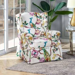 Indie 33 in. Slipcovered Wingback Skirted Arm Chair, Teal Blue Peacock and Pink White Floral Polyester by Jennifer Taylor