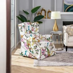 Indie 33 in. Slipcovered Wingback Skirted Arm Chair, Teal Blue Peacock and Pink White Floral Polyester by Jennifer Taylor -Jennifer Taylor Home Store teal blue peacock pink white floral polyester jennifer taylor accent chairs 60380 mpw 77 1000