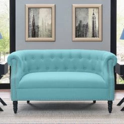 Millstreet 54 in. Turquoise Blue Linen-like Fabric 2 Seat Chesterfield Loveseat by Handy Living -Jennifer Taylor Home Store turquoise blue linen like handy living loveseats a163781 c3 1000