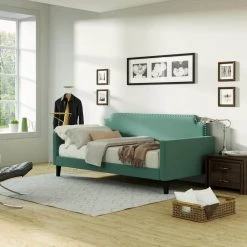 Oriole Turquoise Blue Velvet Like Fabric Twin Size Rounded Back Daybed with Nailhead Trim by Handy Living -Jennifer Taylor Home Store turquoise blue velvet like fabric handy living daybeds a192021 31 1000