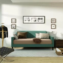 Oriole Turquoise Blue Velvet Like Fabric Twin Size Rounded Back Daybed with Nailhead Trim by Handy Living -Jennifer Taylor Home Store turquoise blue velvet like fabric handy living daybeds a192021 c3 1000