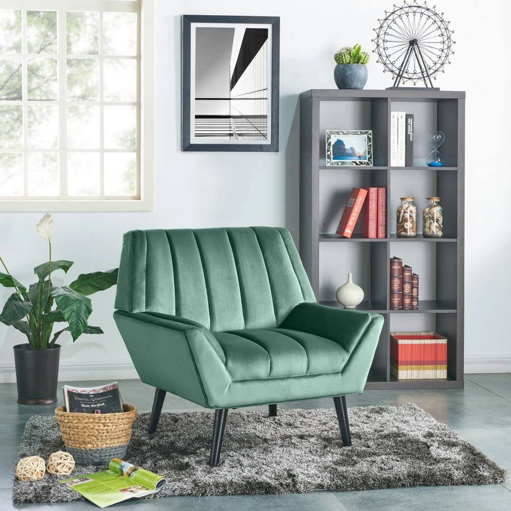 Omundson Turquoise Blue Velvet-like Fabric Mid Century Modern Channel-Tufted Arm Chair with Dark Espresso Legs by Handy Living 13 Omundson Turquoise Blue Velvet-like Fabric Mid Century Modern Channel-Tufted Arm Chair with Dark Espresso Legs by Handy Living - Image 13