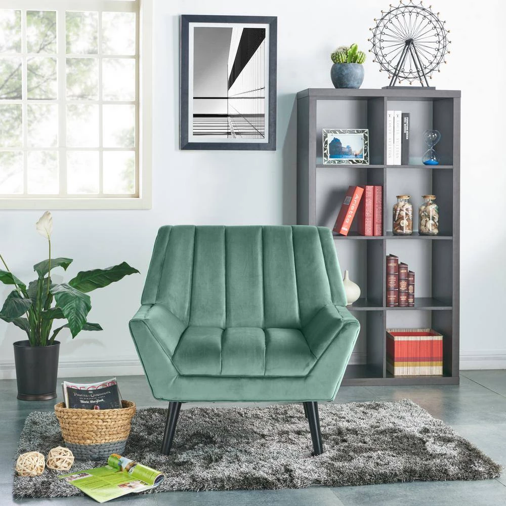 Omundson Turquoise Blue Velvet-like Fabric Mid Century Modern Channel-Tufted Arm Chair with Dark Espresso Legs by Handy Living 7 Omundson Turquoise Blue Velvet-like Fabric Mid Century Modern Channel-Tufted Arm Chair with Dark Espresso Legs by Handy Living - Image 7